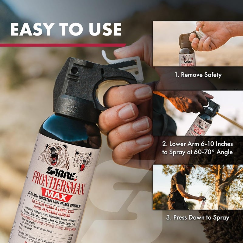 sabre Frontiersman MAX Bear Spray – 40 ft Range, Maximum Strength, The Only EPA-Registered Spray for Bears & Mountain Lions, 7.9 oz, Glow Safety Clip, Outdoor Hiking & Camping Protection - Image 3